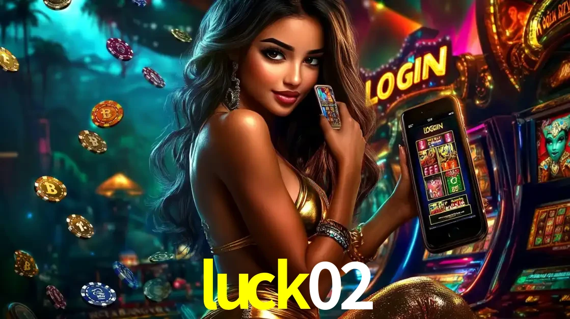 Mulher em um cenário de cassino temático de aventura, mostrando o app de caça-níqueis da luck02 no celular. Fichas de apostas flutuam ao redor.