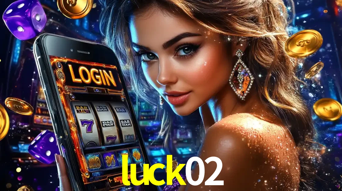 Mulher glamorosa segurando um smartphone com a tela de login para os jogos de caça-níqueis do cassino online luck02, com moedas de ouro e dados ao redor.