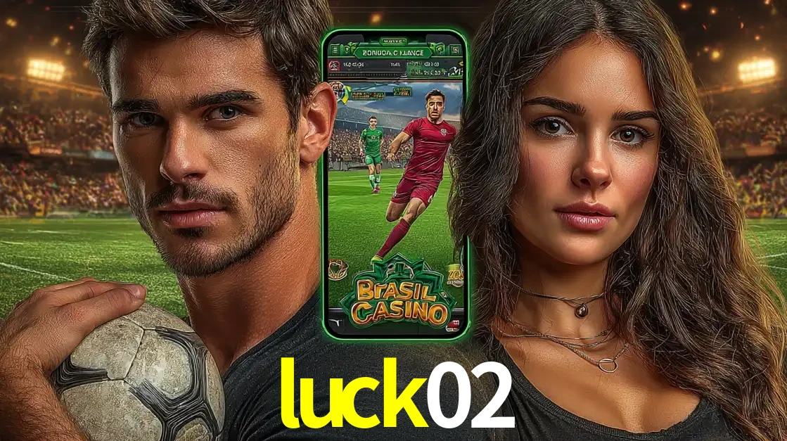 Homem segurando uma bola de futebol e uma mulher ao lado de um smartphone exibindo o jogo de apostas esportivas da luck02. Faça seu palpite no cassino online.